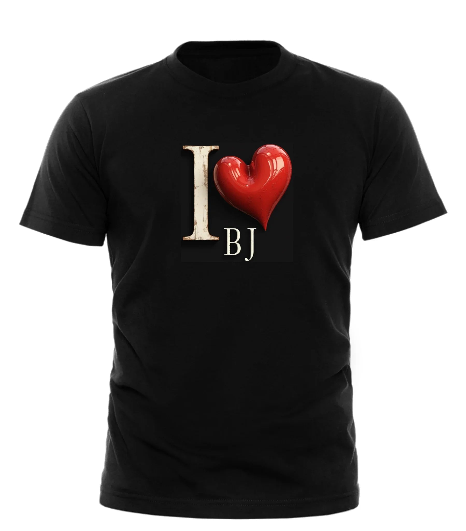 I heart BJ shirt in black featuring bold graphic design for casual wear
