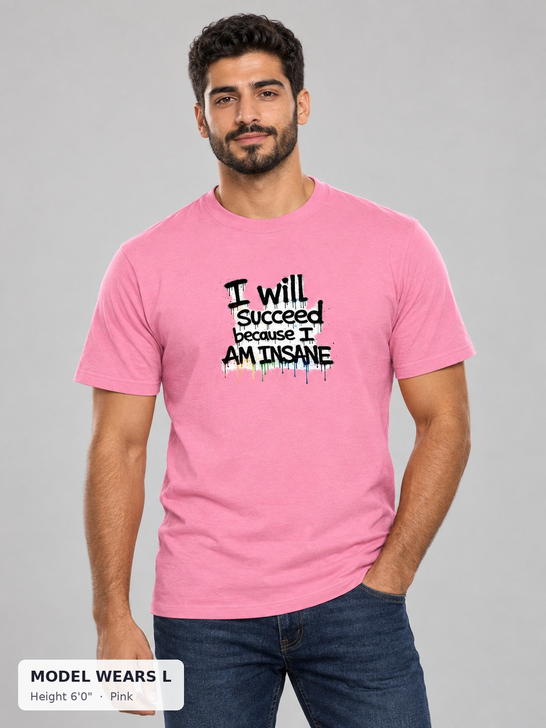 I Will Succeed Tee in Pink on an athletic model wearing size L, 6'0" - Good Trouble Fashion