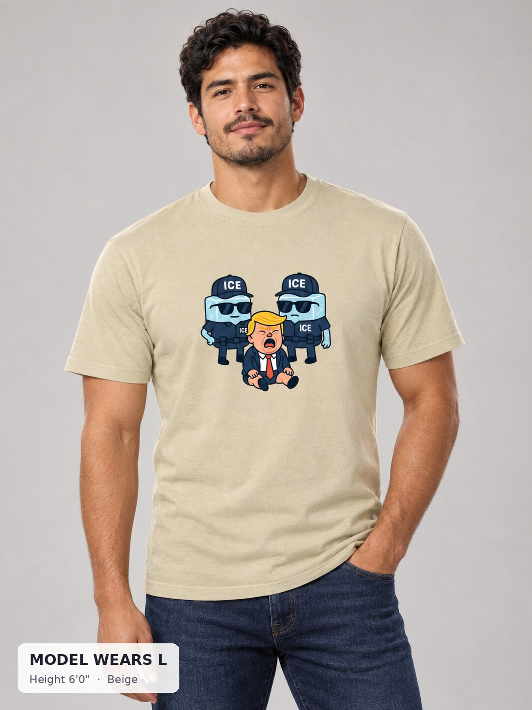 Ice Ice Baby Trump Tee in Beige on an athletic model wearing size L, 6'0" - Good Trouble Fashion