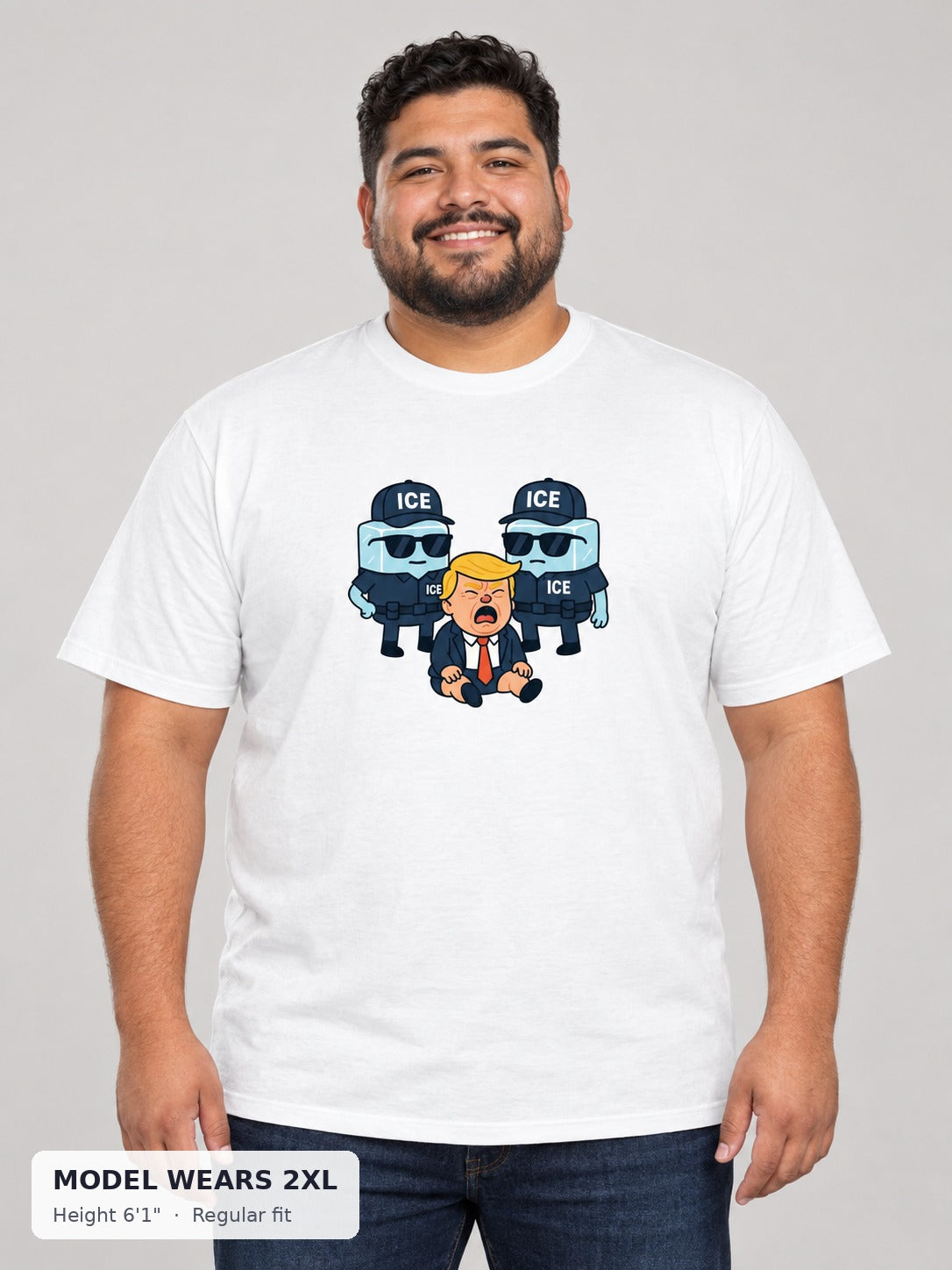 Ice Ice Baby Trump Tee on a plus-size model wearing size 2XL, 6'1" - Good Trouble Fashion