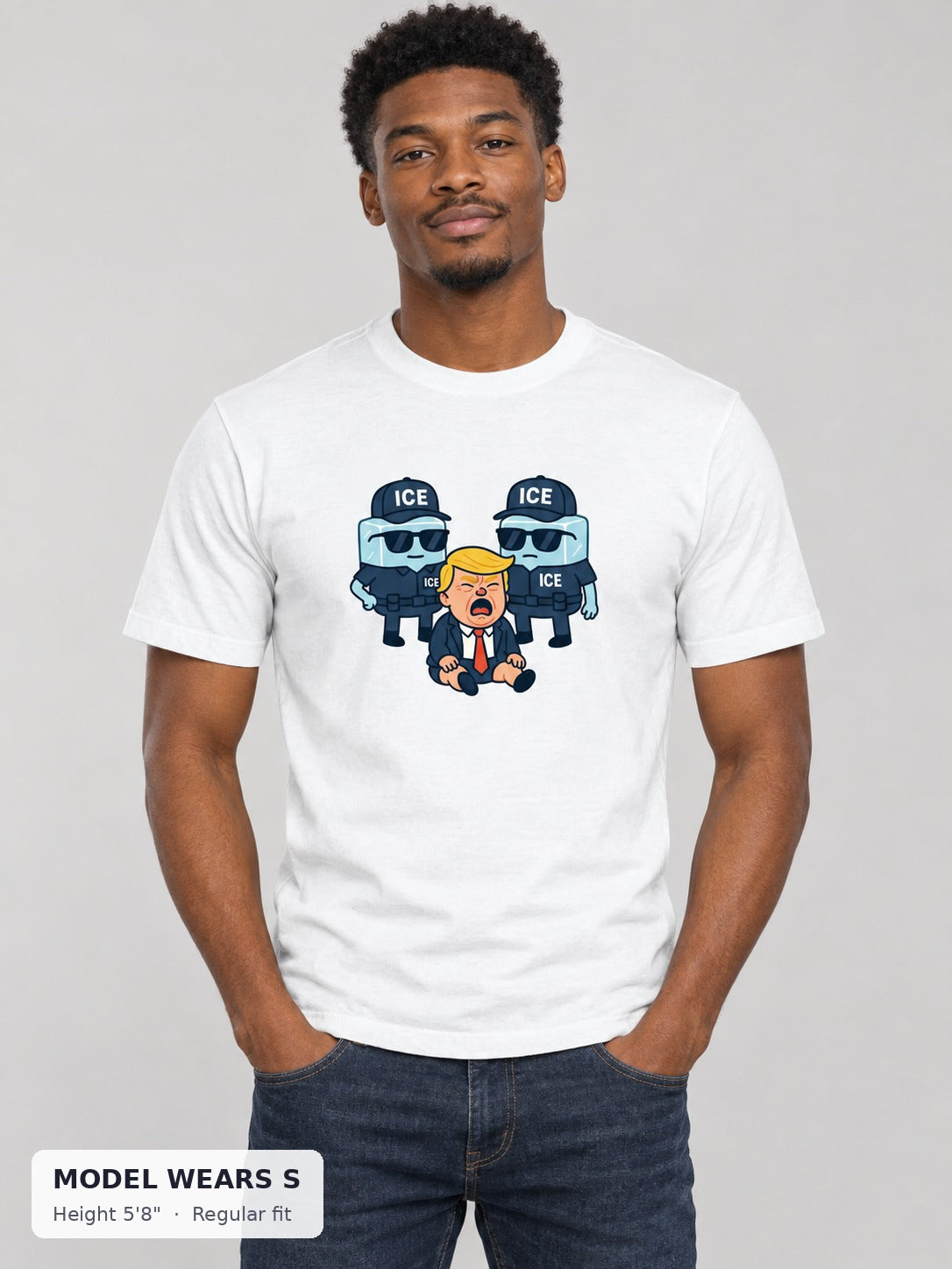 Ice Ice Baby Trump Tee on a slim model wearing size S, 5'8" - Good Trouble Fashion
