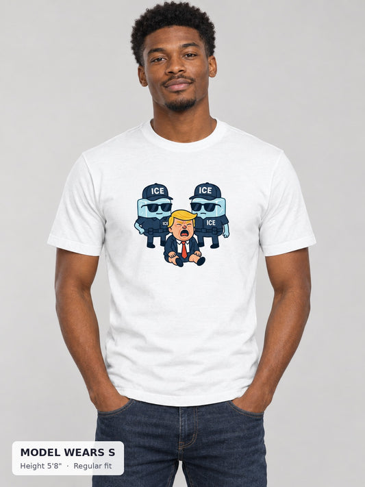 Ice Ice Baby Trump Tee on a slim model wearing size S, 5'8" - Good Trouble Fashion