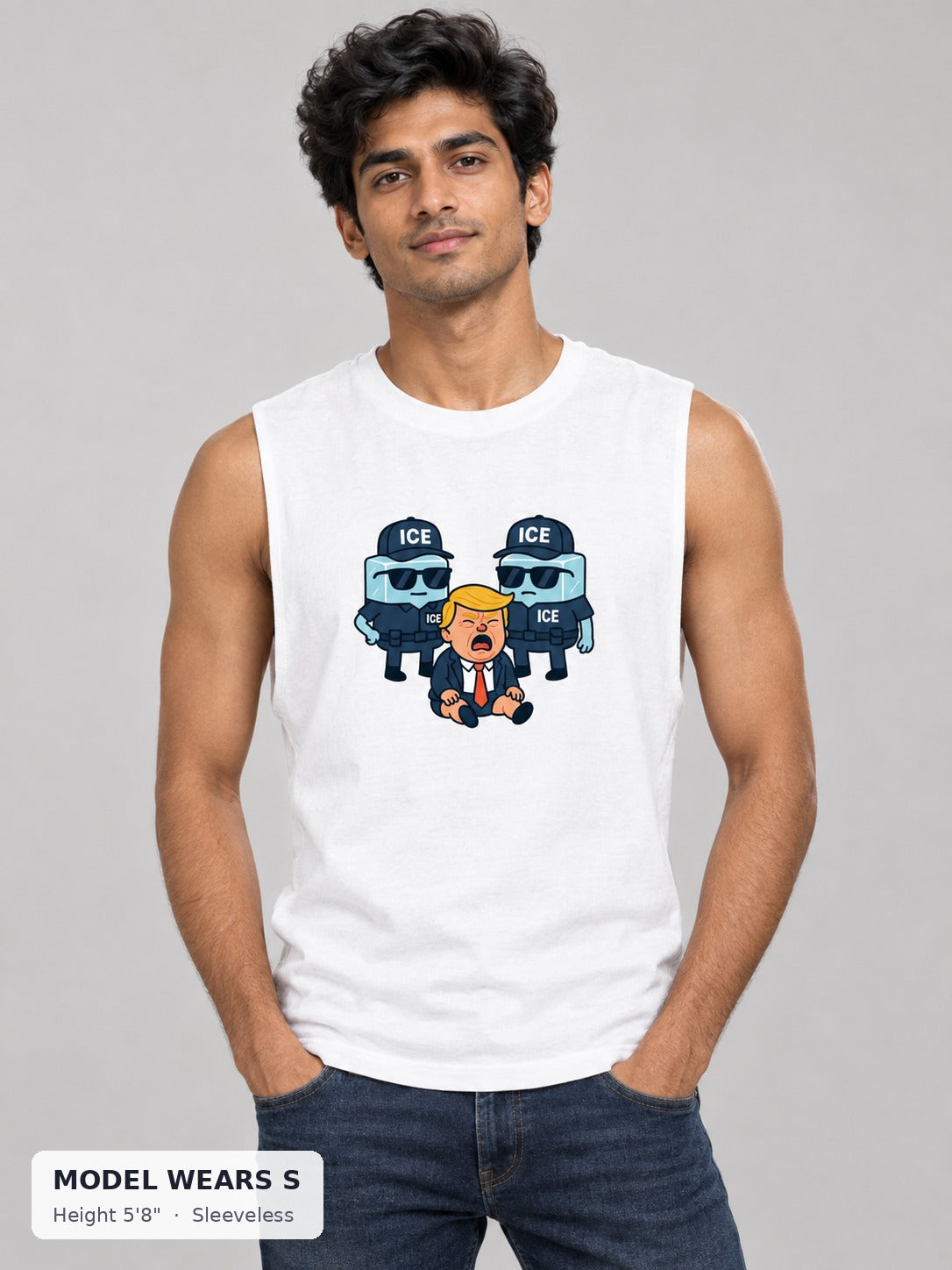 Ice Ice Baby Trump Tee in Sleeveless style on a slim model wearing size S, 5'8" - Good Trouble Fashion