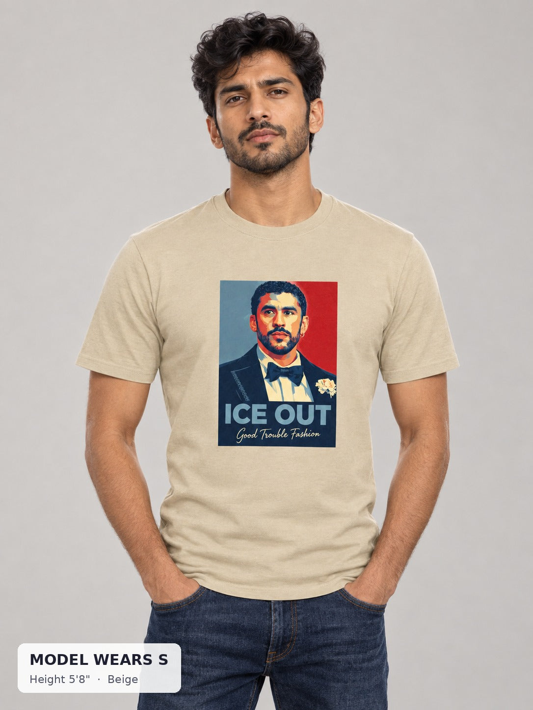 ICE OUT Luxe Tuxedo Tee in Beige on a slim model wearing size S, 5'8" - Good Trouble Fashion