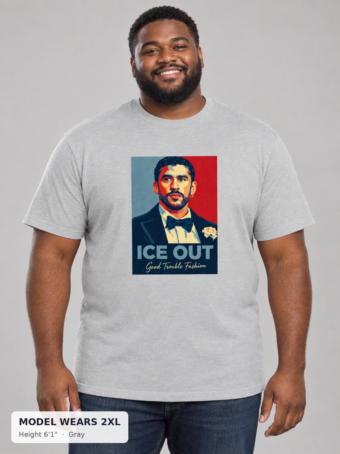 ICE OUT Luxe Tuxedo Tee in Gray on a plus-size model wearing size 2XL, 6'1" - Good Trouble Fashion