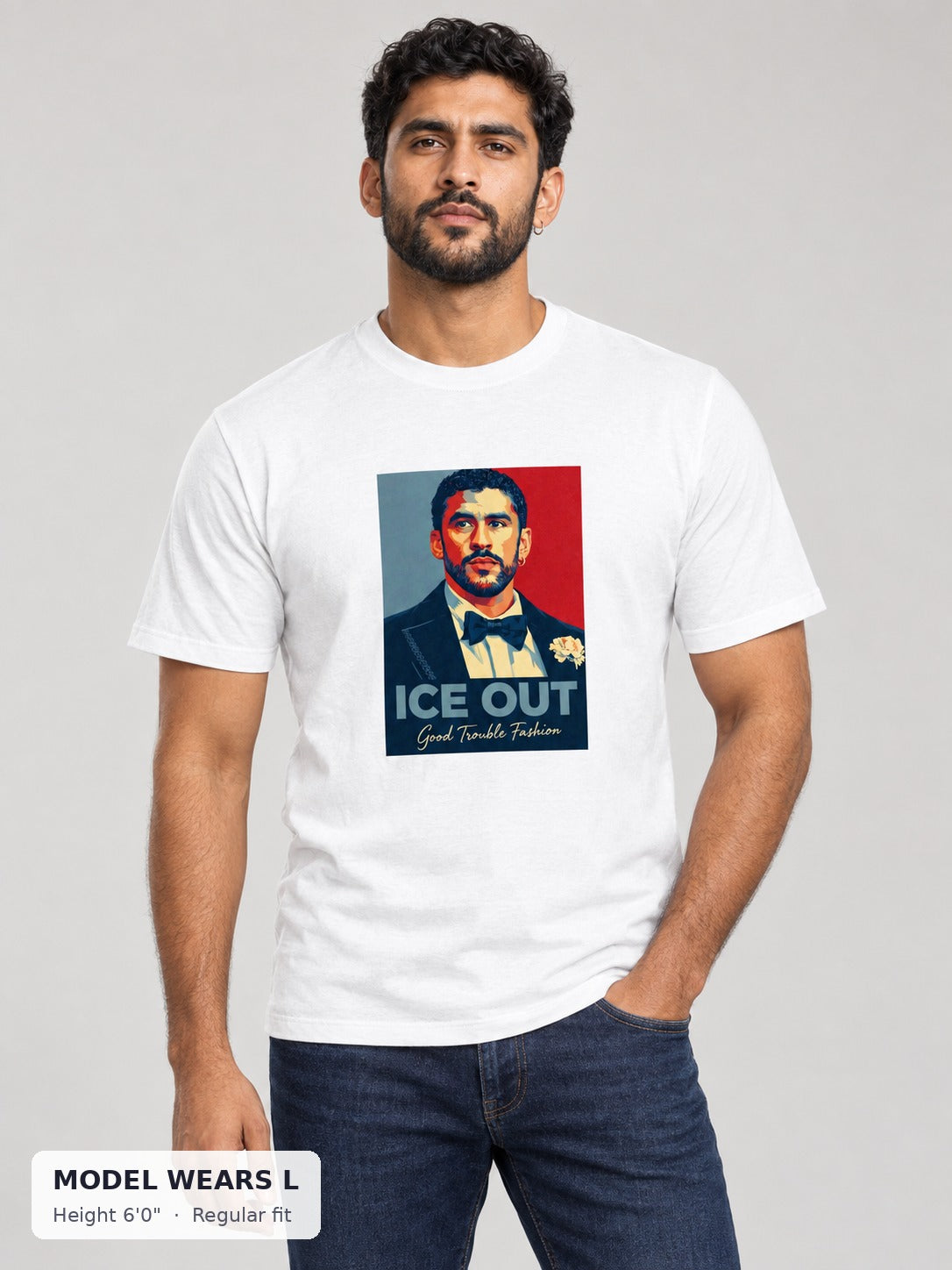 ICE OUT Luxe Tuxedo Tee on an athletic model wearing size L, 6'0" - Good Trouble Fashion