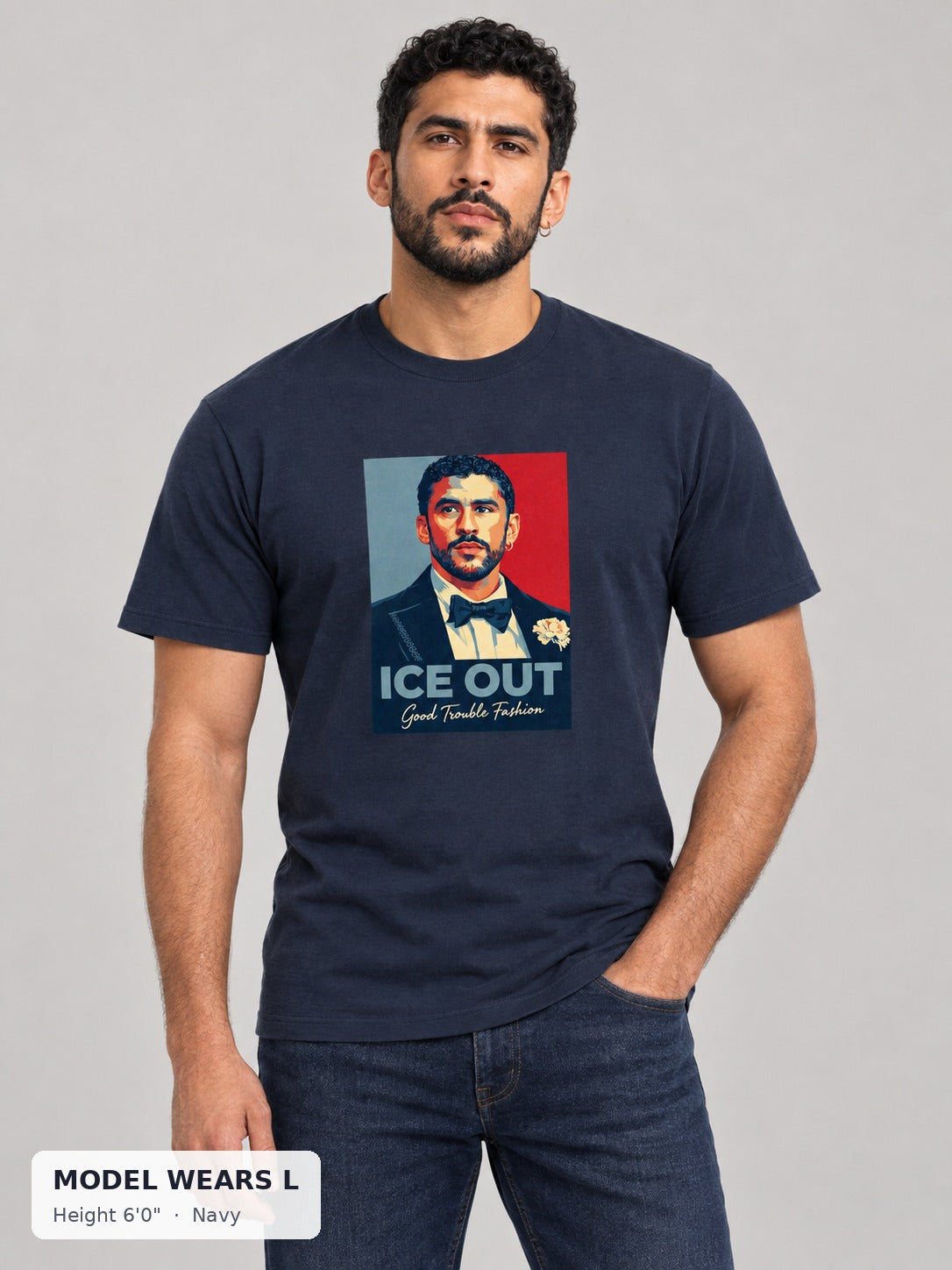 ICE OUT Luxe Tuxedo Tee in Navy on an athletic model wearing size L, 6'0" - Good Trouble Fashion