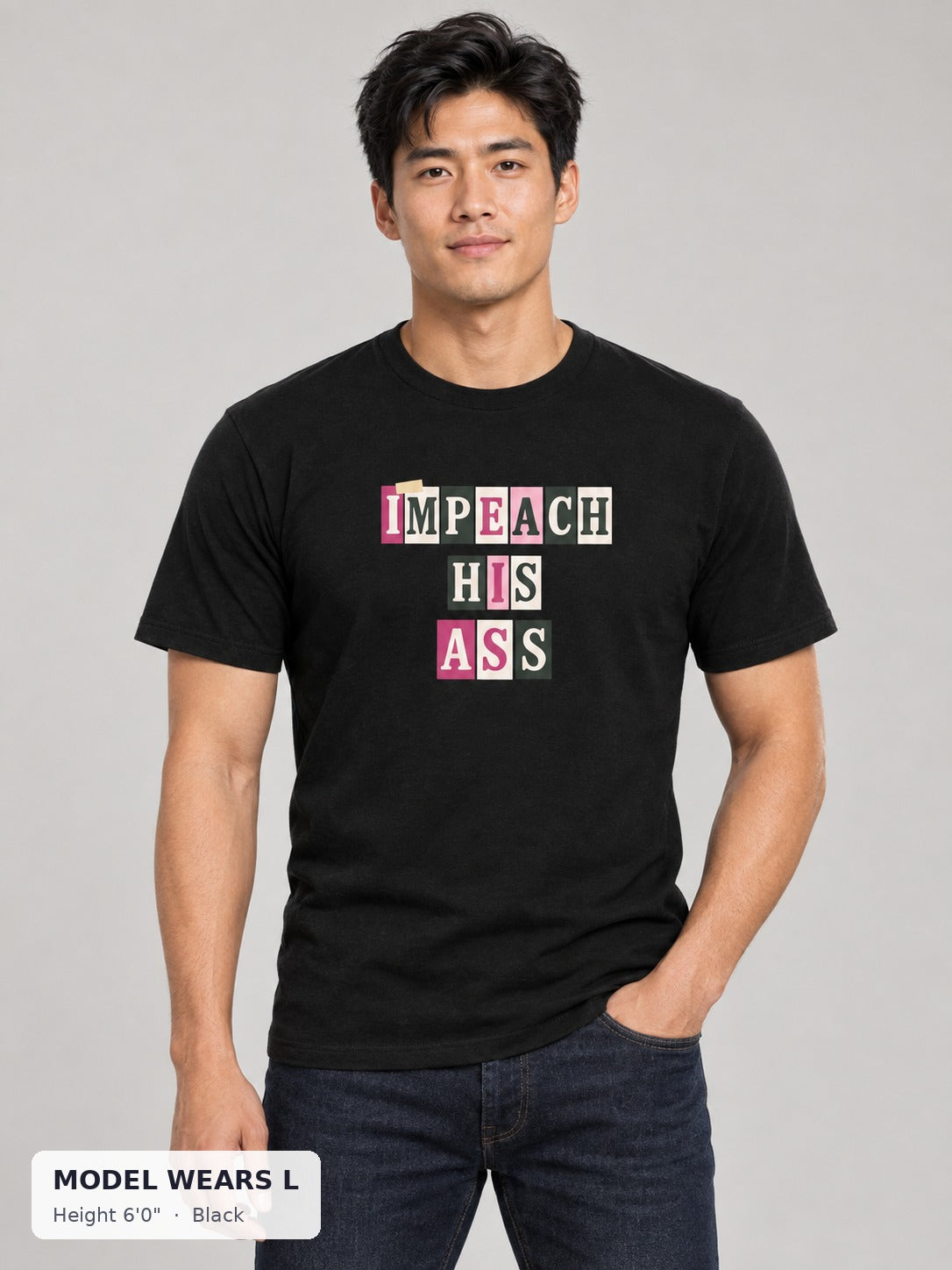 Impeach His Ass Tee in Black on an athletic model wearing size L, 6'0" - Good Trouble Fashion