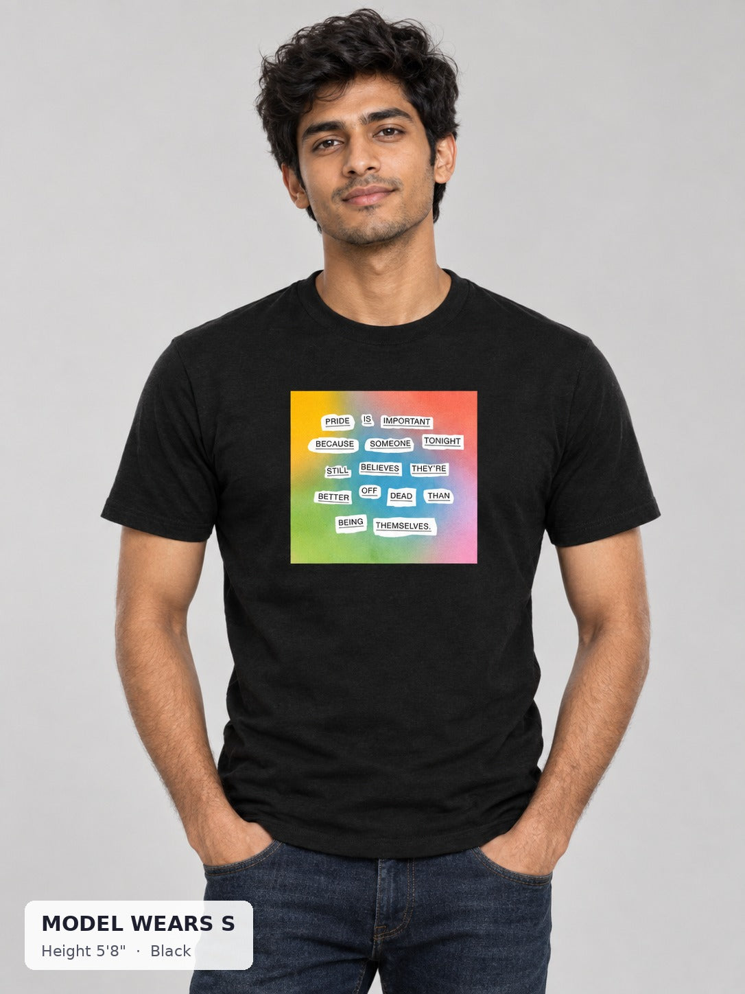 Pride Is Important Tee in Black on a slim model wearing size S, 5'8" - Good Trouble Fashion
