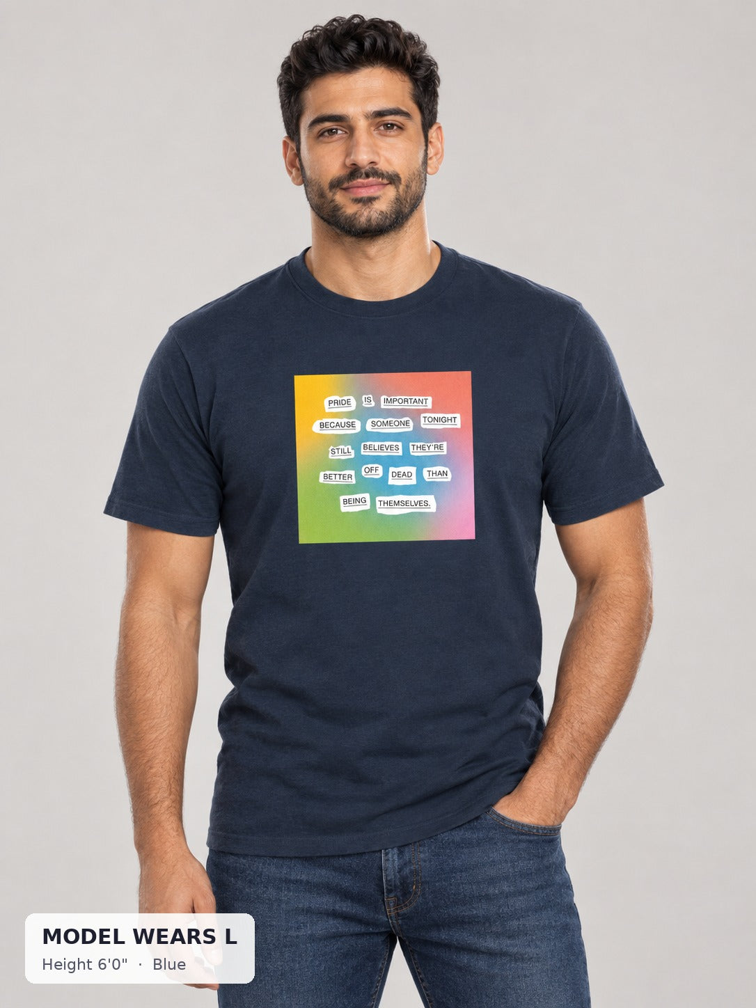 Pride Is Important Tee in Blue on an athletic model wearing size L, 6'0" - Good Trouble Fashion