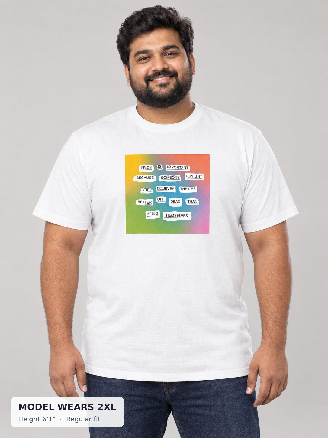 Pride Is Important Tee on a plus-size model wearing size 2XL, 6'1" - Good Trouble Fashion