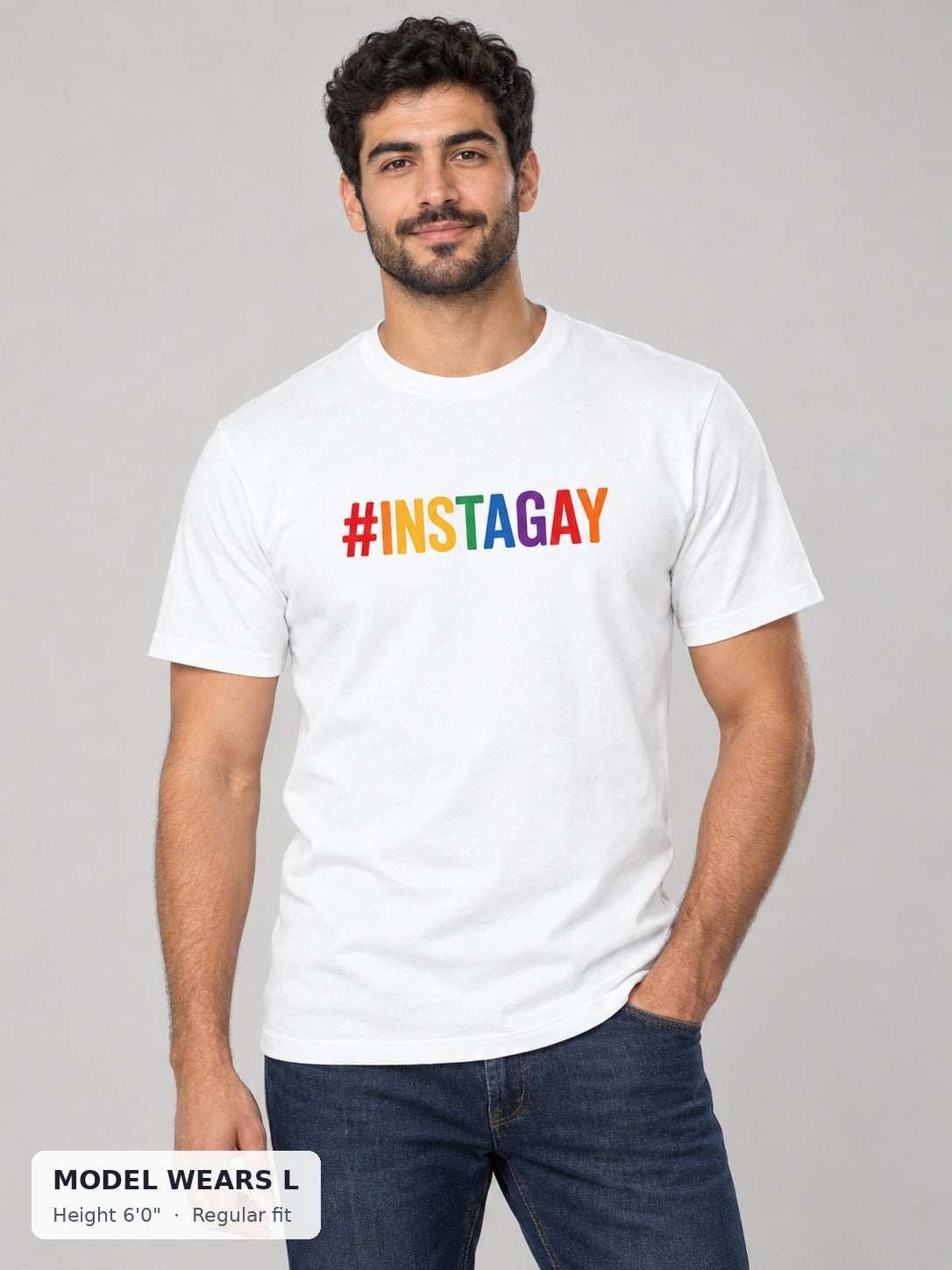 Instagay Rainbow Tee on an athletic model wearing size L, 6'0" - Good Trouble Fashion