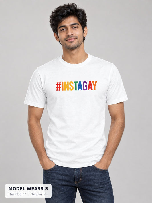 Instagay Rainbow Tee on a slim model wearing size S, 5'8" - Good Trouble Fashion