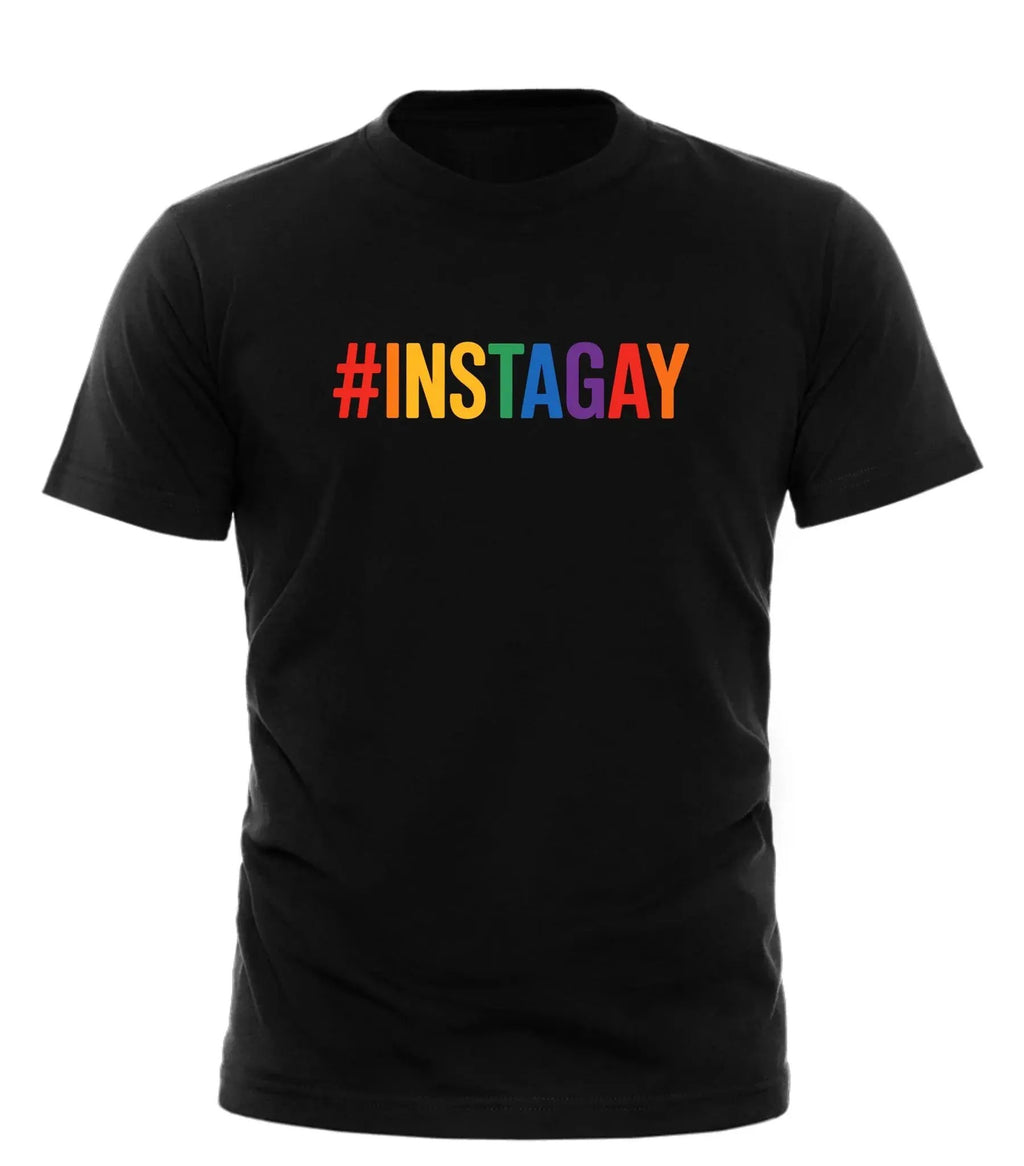 Black Good Trouble Garments instagay t-shirt with colorful rainbow hashtag text on front