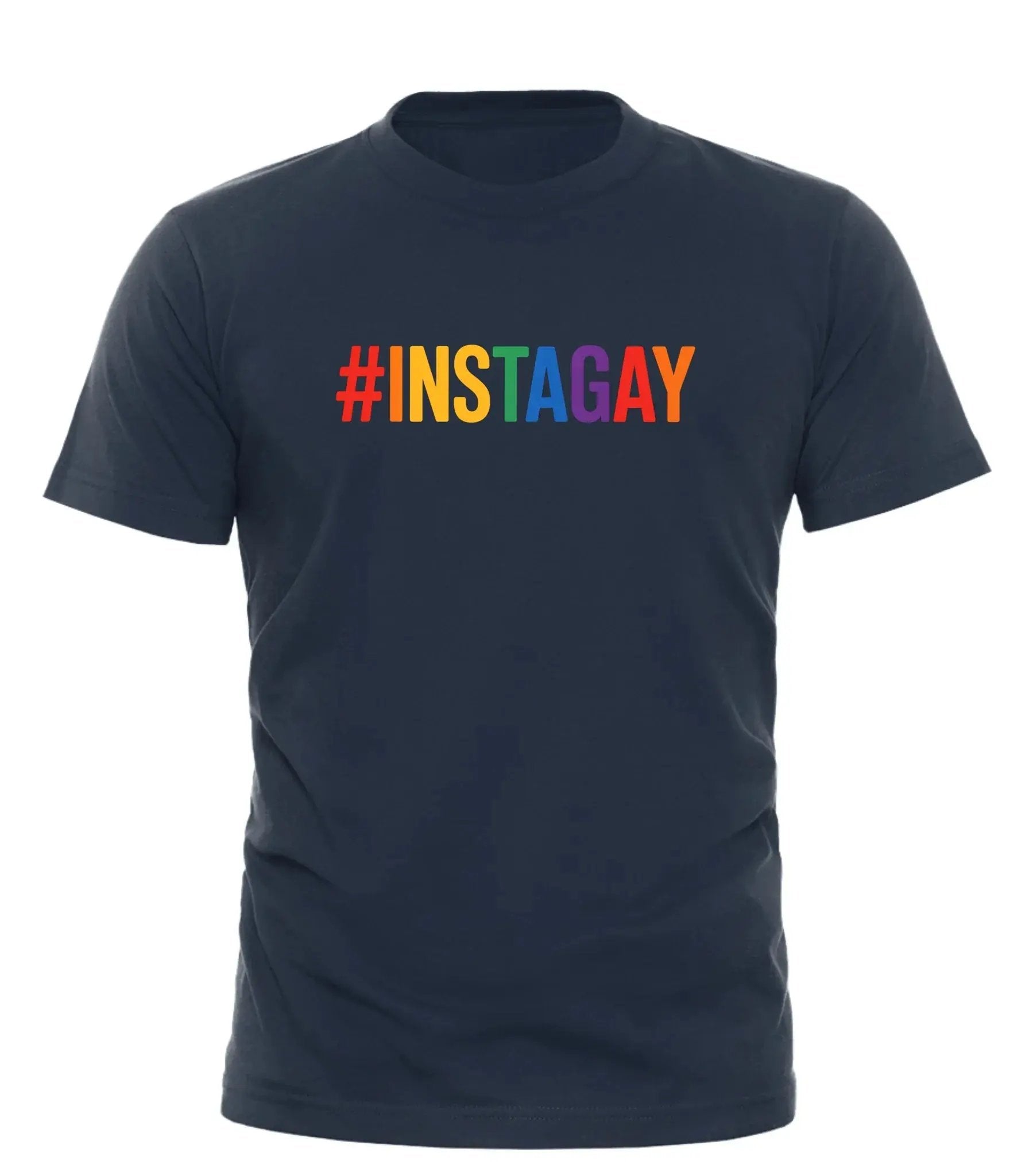 Good Trouble Garments navy instagay t-shirt with rainbow hashtag design by GOOD TROUBLE FASHION