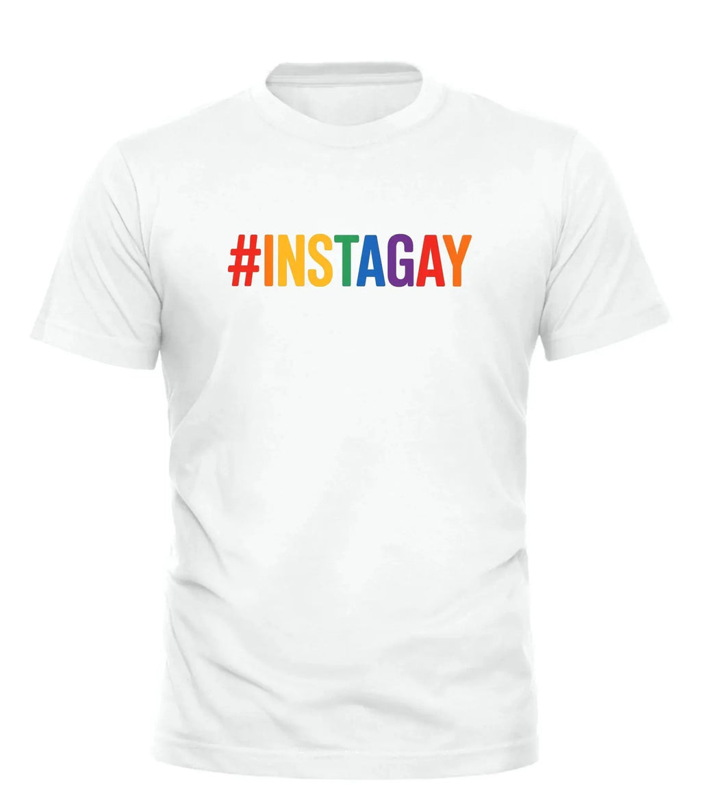 White Good Trouble Garments instagay t-shirt with rainbow hashtag text on front