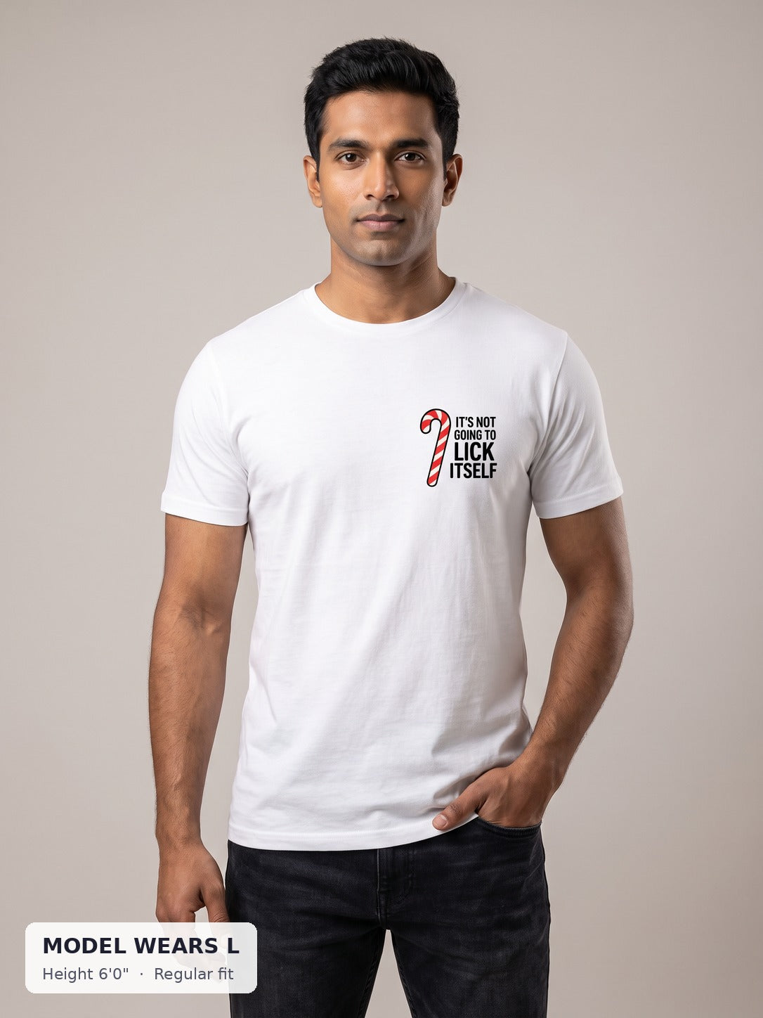 It's Not Going to Lick Itself Candy Cane Tee on an athletic model wearing size L, 6'0" - Good Trouble Fashion