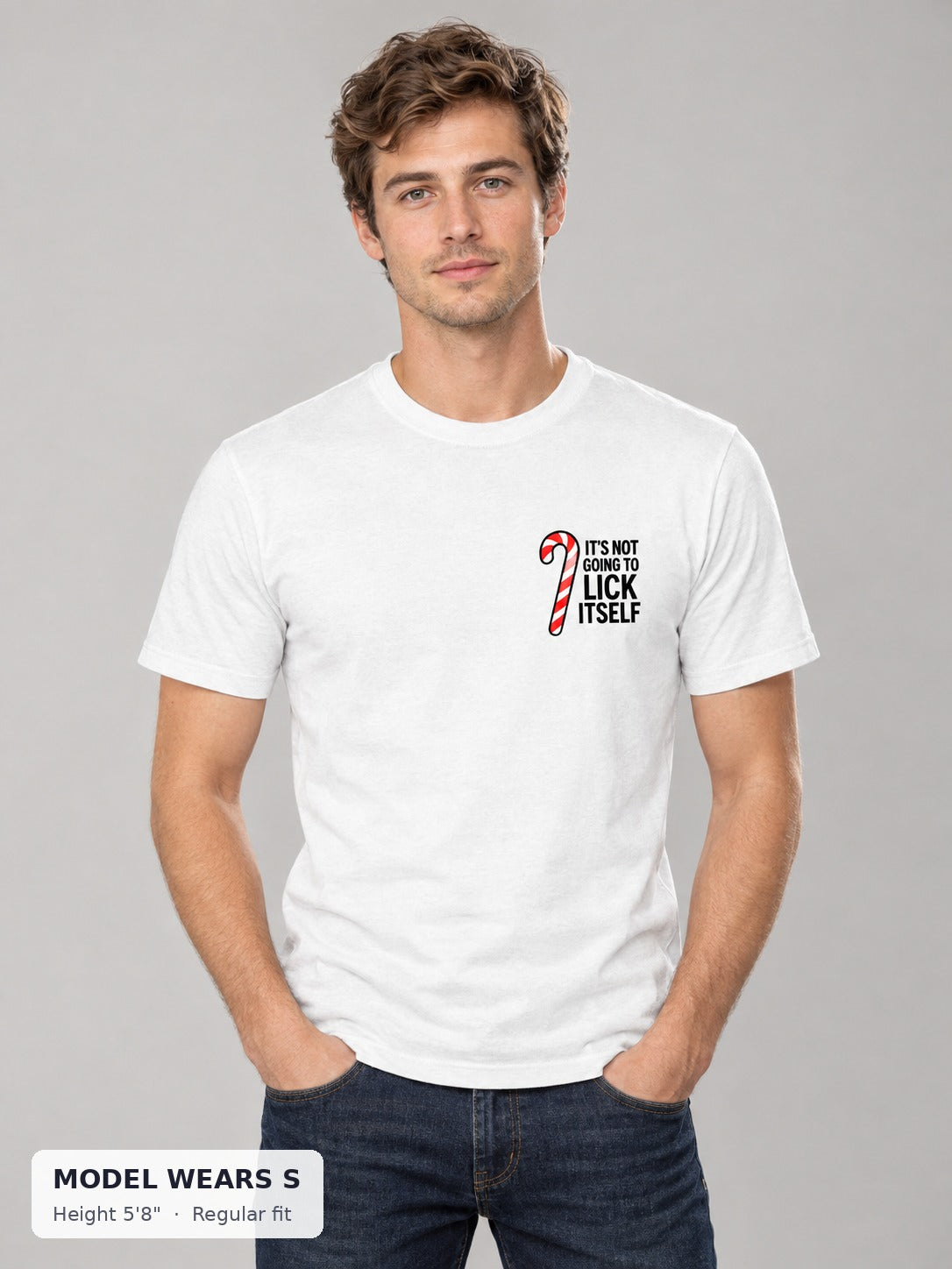 It's Not Going to Lick Itself Candy Cane Tee on a slim model wearing size S, 5'8" - Good Trouble Fashion