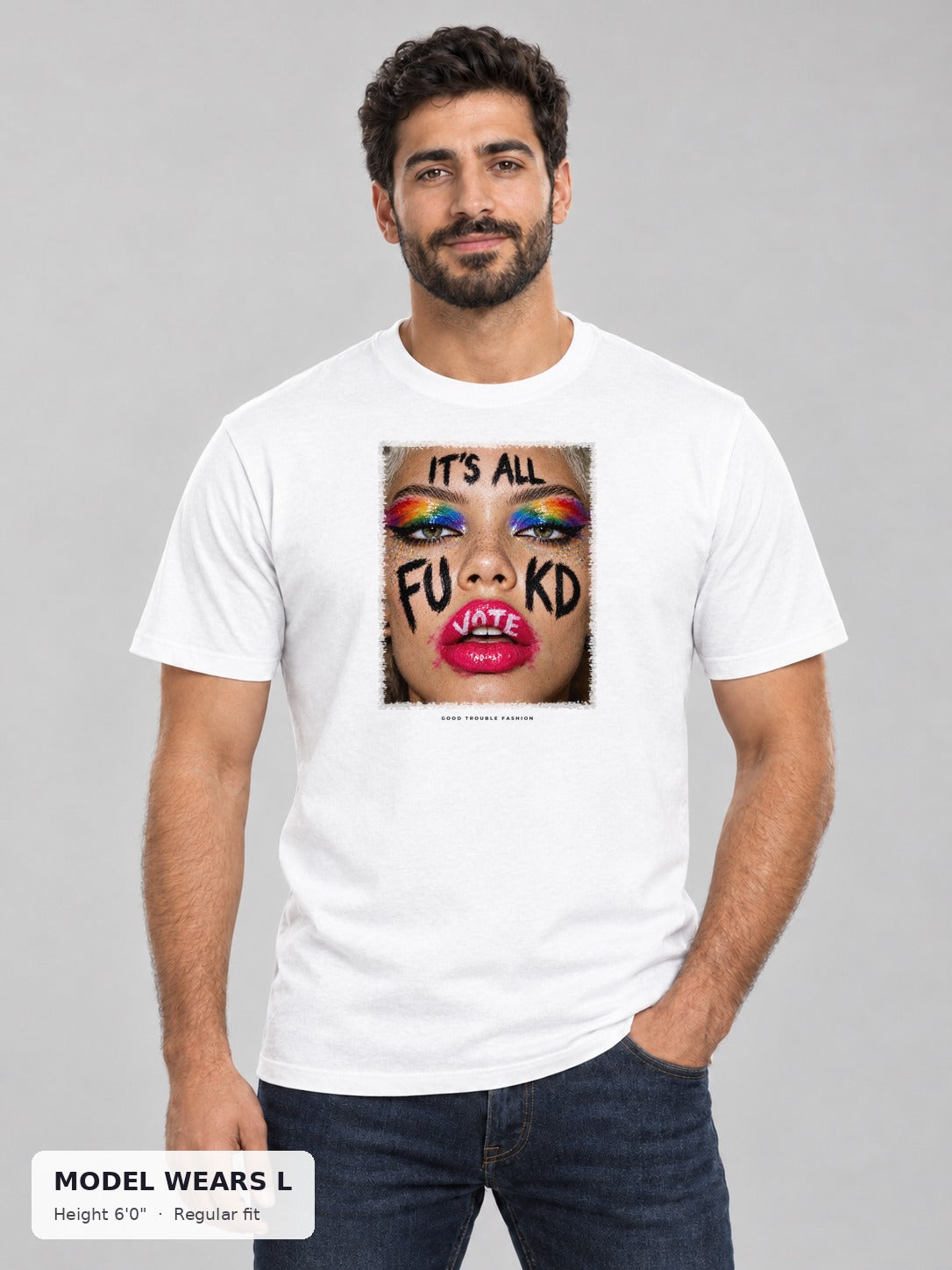 It's All Fukd VOTE Pride Tee on an athletic model wearing size L, 6'0" - Good Trouble Fashion