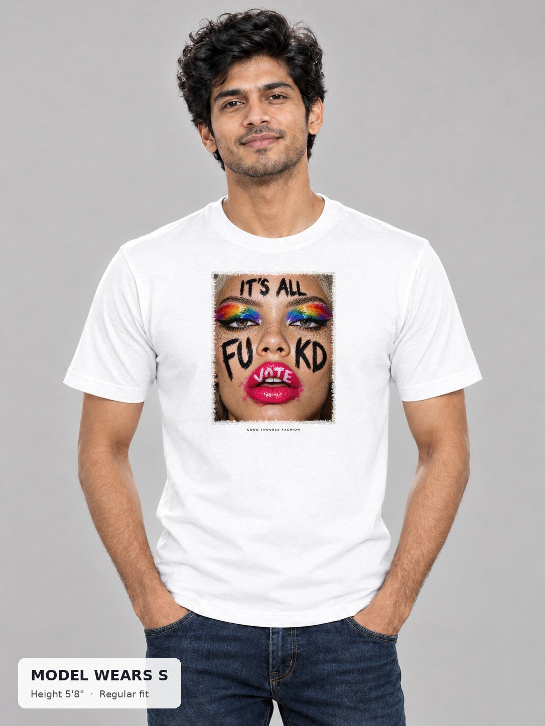 It's All Fukd VOTE Pride Tee on a slim model wearing size S, 5'8" - Good Trouble Fashion