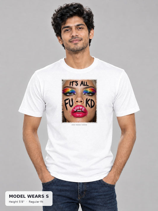 It's All Fukd VOTE Pride Tee on a slim model wearing size S, 5'8" - Good Trouble Fashion