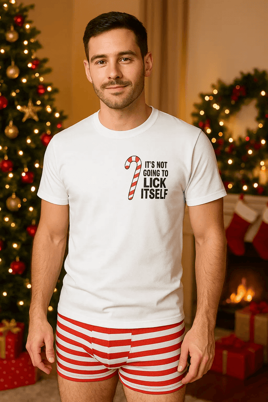 It's Not Going to Lick Itself Candy Cane T-shirt for Holiday Fun - Good Trouble Fashion