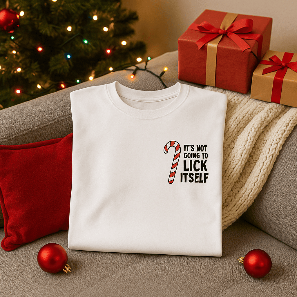 It's Not Going to Lick Itself Candy Cane T-shirt for Holiday Fun - Good Trouble Fashion