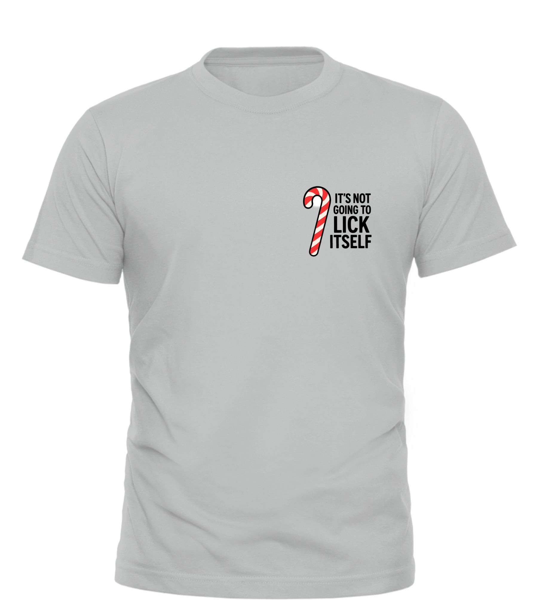 Light gray it's not going to lick itself shirt featuring a candy cane graphic on the front