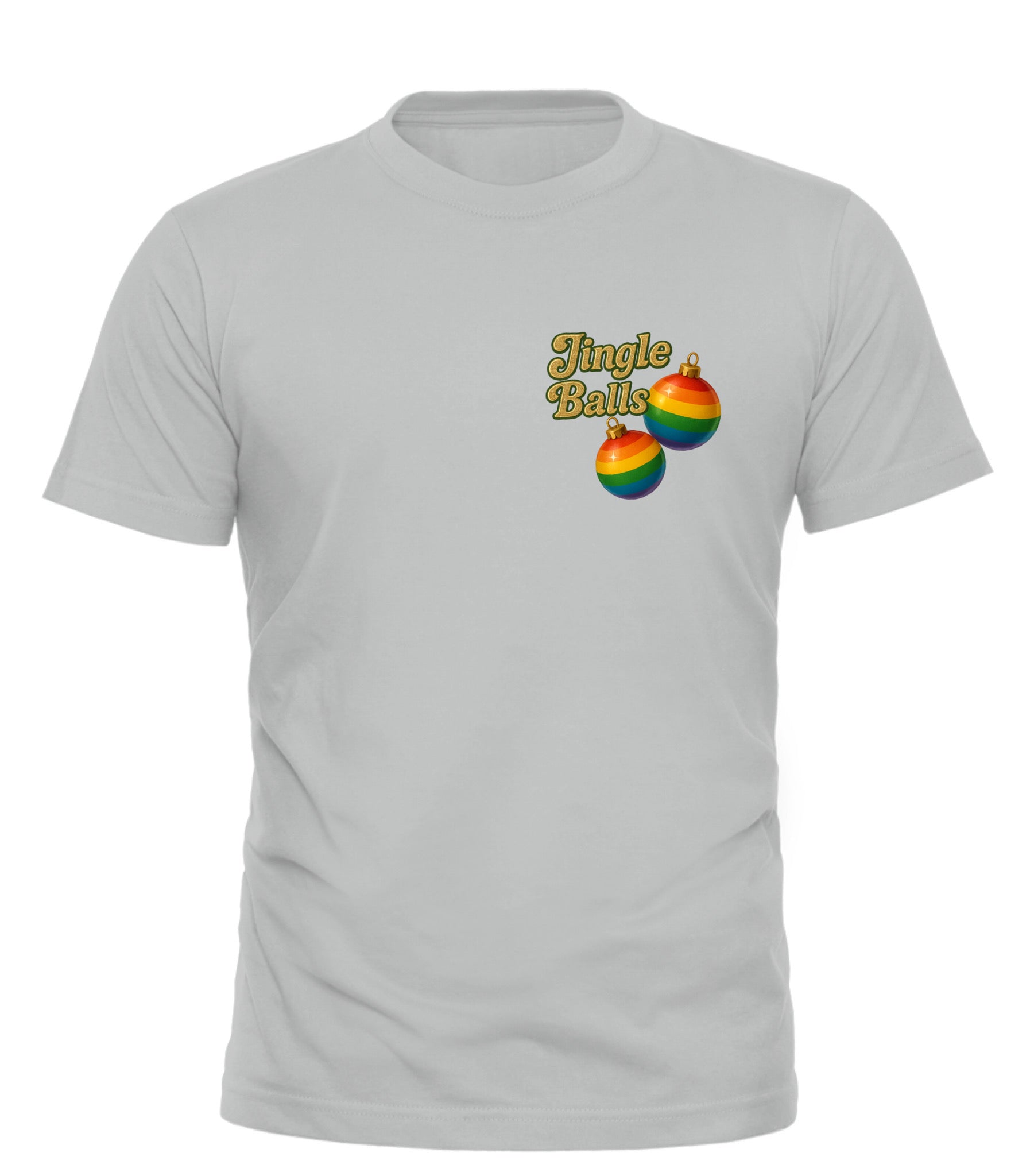 Light gray jingle balls Christmas tee featuring colorful ornament graphics for a festive look