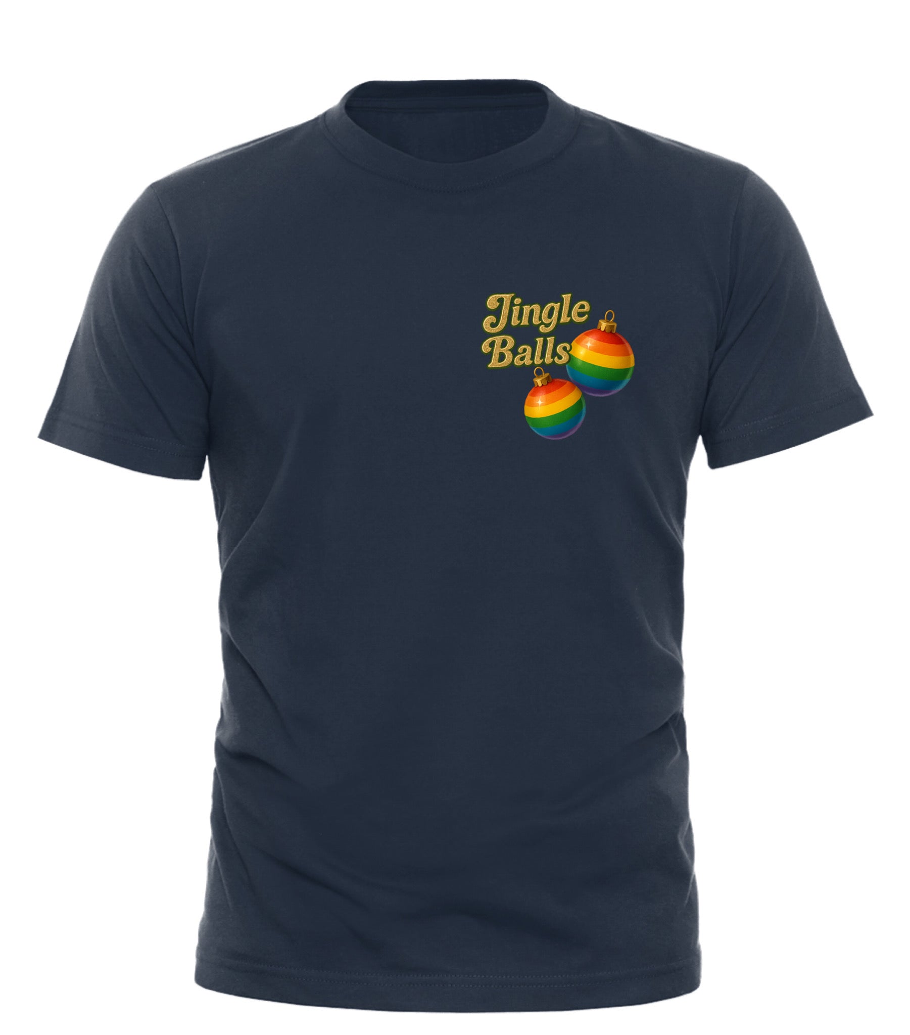 Good Trouble Garments Jingle Balls Christmas tee in navy featuring colorful ornament design