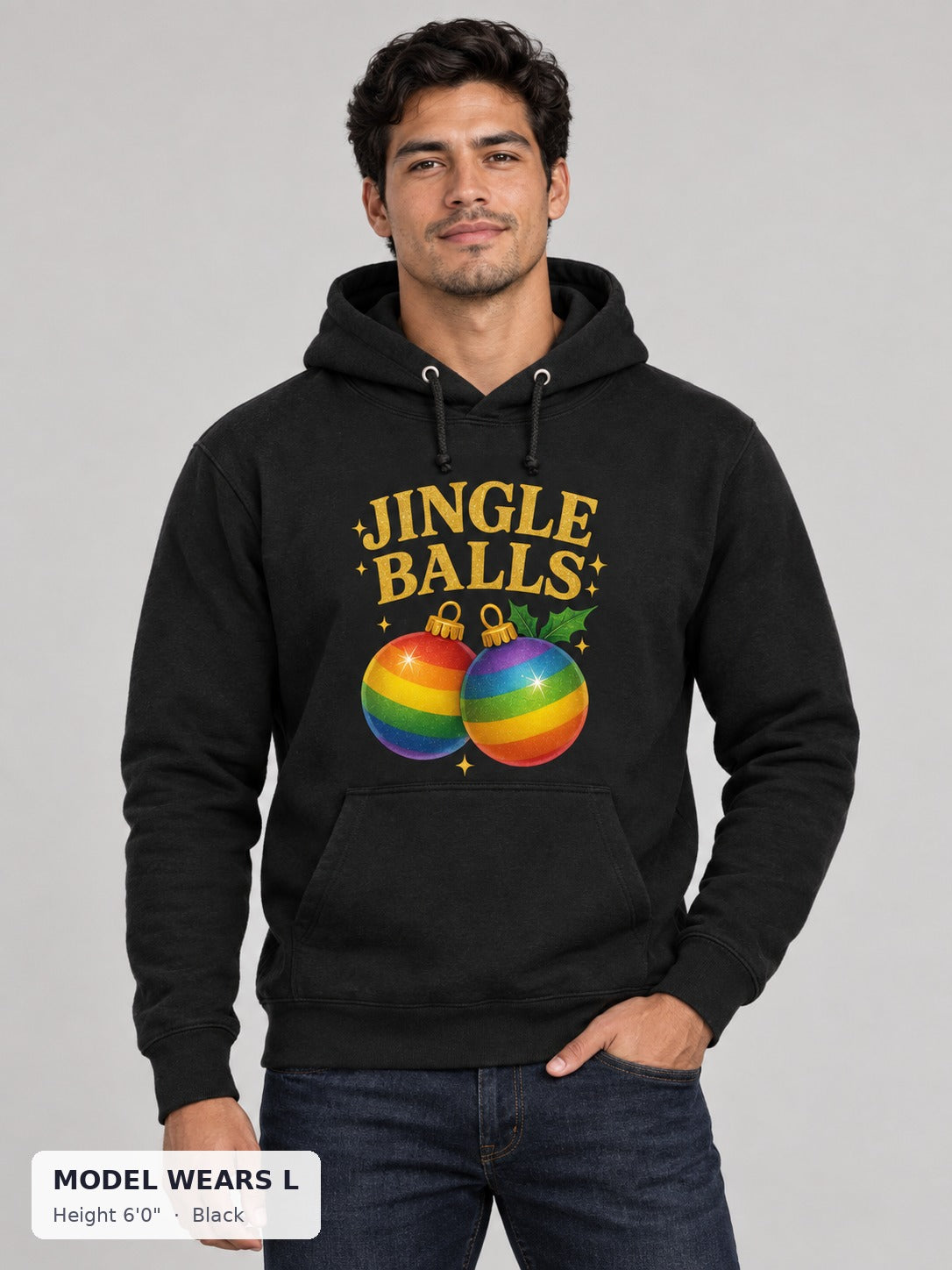 Jingle Balls Holiday Hoodie in Black on an athletic model wearing size L, 6'0" - Good Trouble Fashion