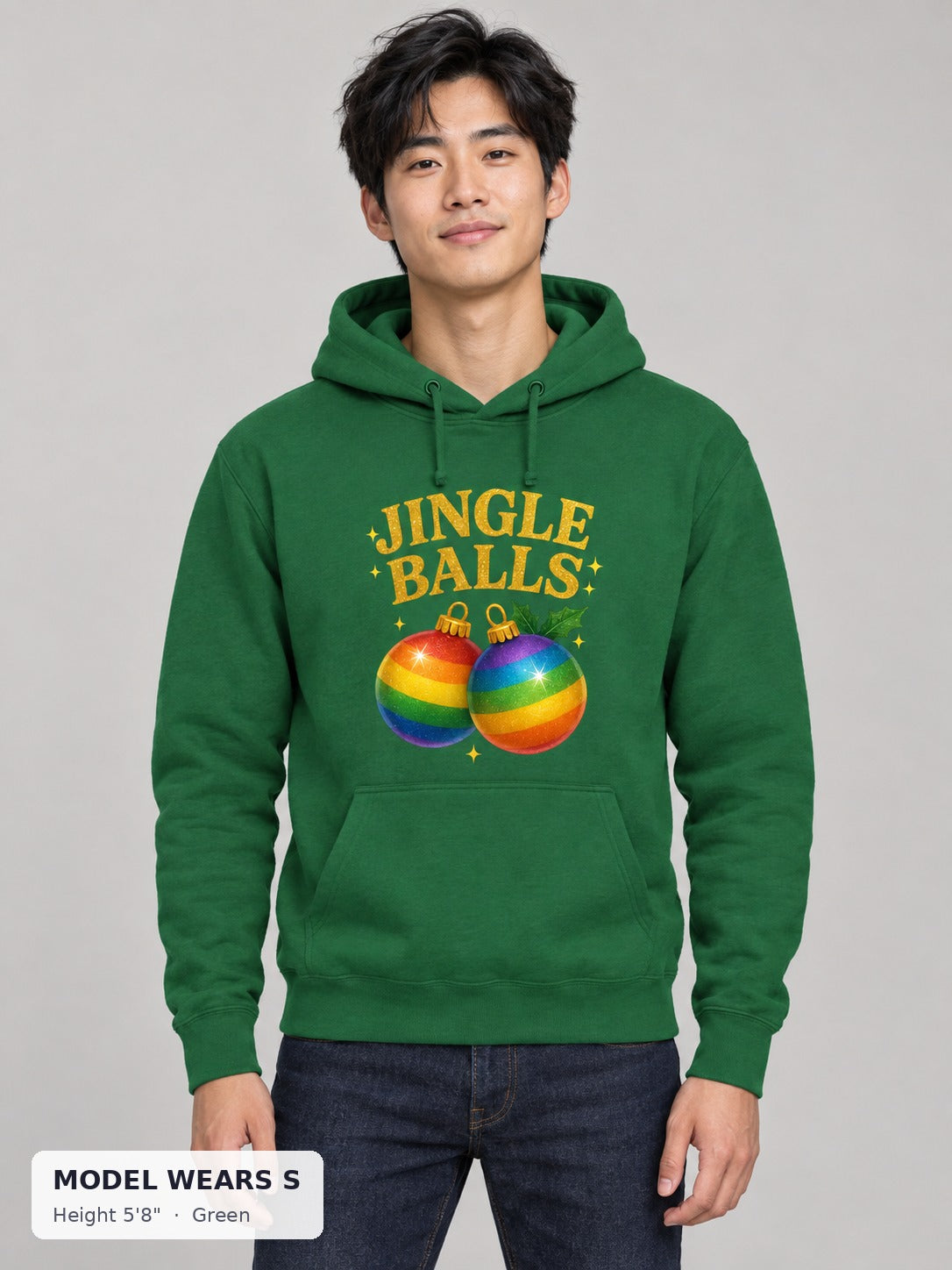 Jingle Balls Holiday Hoodie in Green on a slim model wearing size S, 5'8" - Good Trouble Fashion