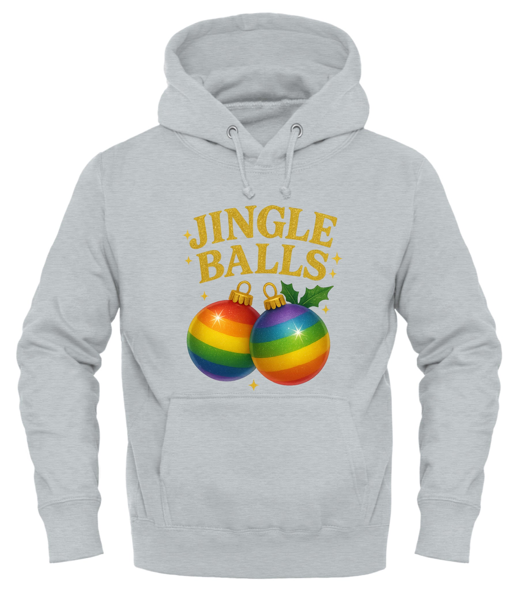 Gray Jingle Balls holiday hoodie featuring colorful rainbow ornaments and festive design