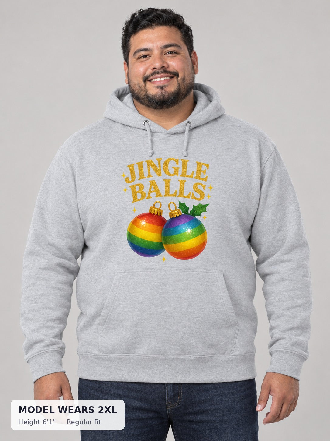 Jingle Balls Holiday Hoodie on a plus-size model wearing size 2XL, 6'1" - Good Trouble Fashion