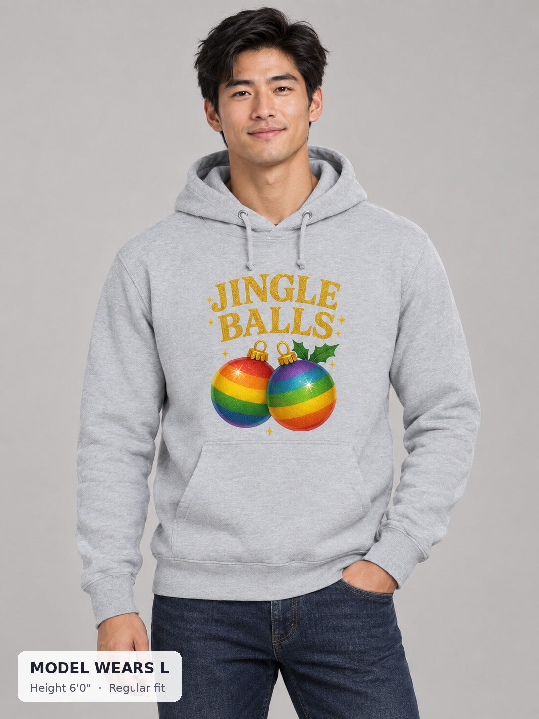 Jingle Balls Holiday Hoodie on an athletic model wearing size L, 6'0" - Good Trouble Fashion