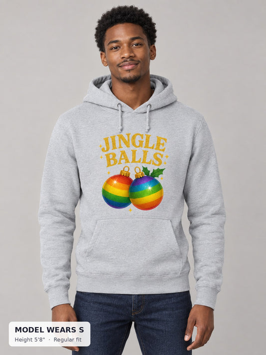 Jingle Balls Holiday Hoodie on a slim model wearing size S, 5'8" - Good Trouble Fashion