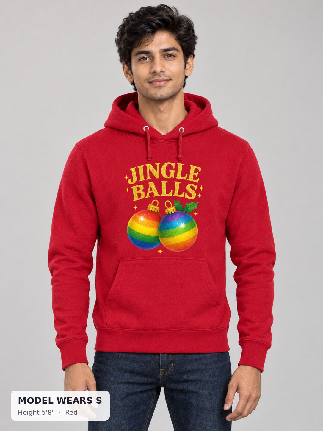 Jingle Balls Holiday Hoodie in Red on a slim model wearing size S, 5'8" - Good Trouble Fashion