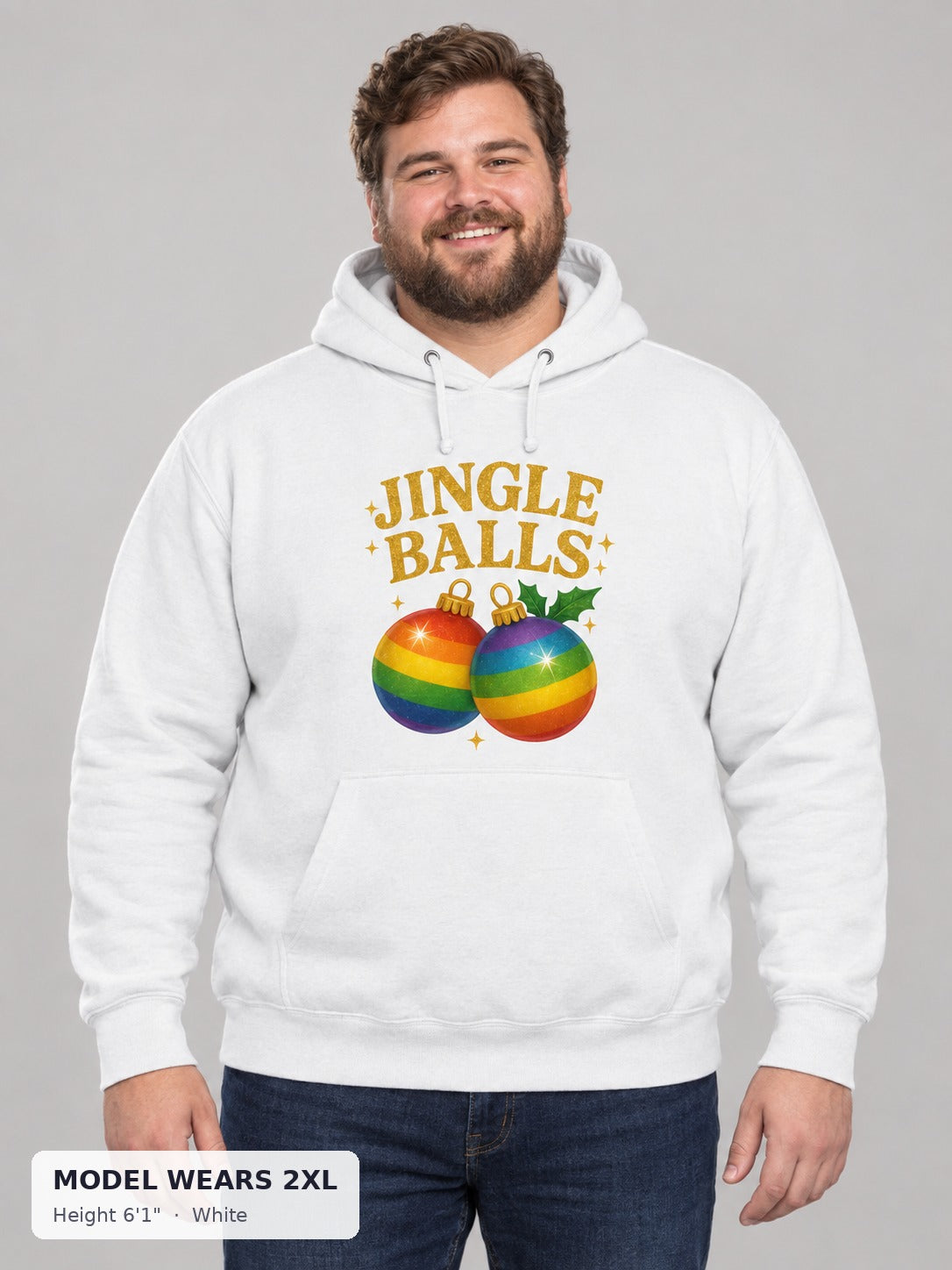 Jingle Balls Holiday Hoodie in White on a plus-size model wearing size 2XL, 6'1" - Good Trouble Fashion