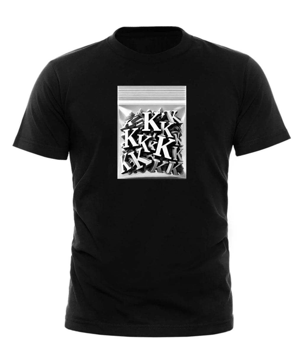 Black Good Trouble Garments JUST K PLEASE tee with white graphic of multiple letter K's in a plastic bag