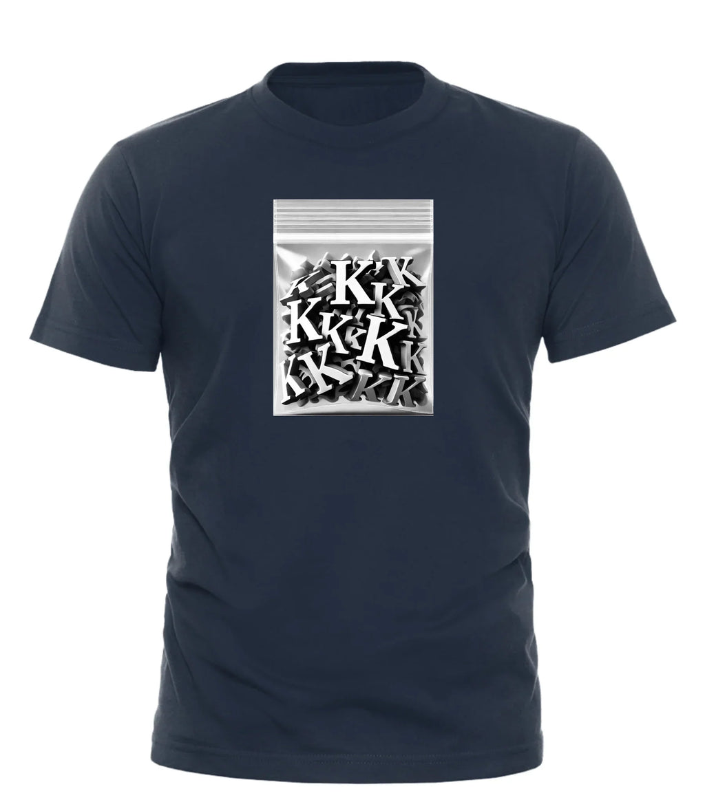 Good Trouble Garments JUST K PLEASE tee with black bag graphic filled with K letters on navy blue shirt