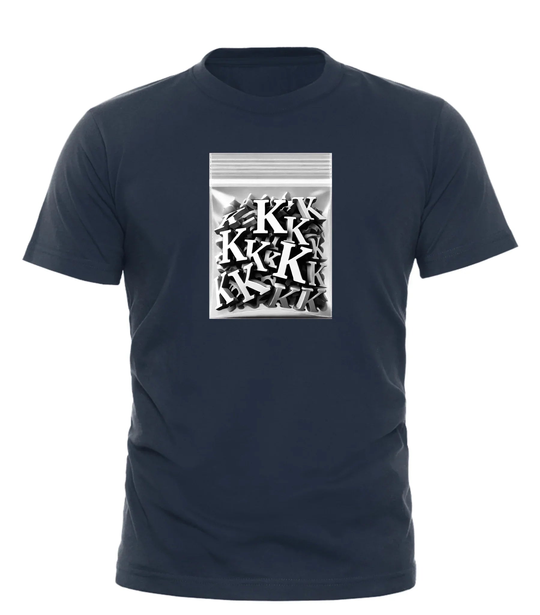 Good Trouble Garments JUST K PLEASE tee with black bag graphic filled with K letters on navy blue shirt