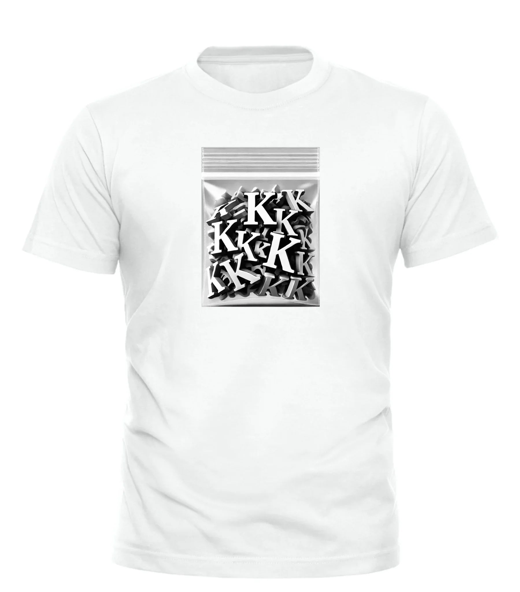 Good Trouble Garments white JUST K PLEASE tee with graphic of black and white K letters in a plastic bag
