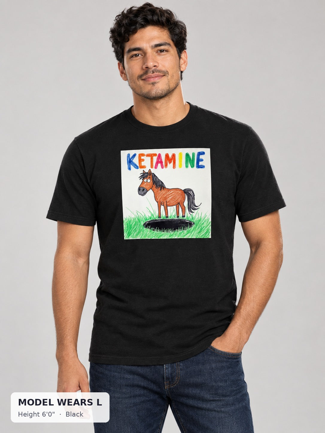 Ketamine Horse Tee in Black on an athletic model wearing size L, 6'0" - Good Trouble Fashion