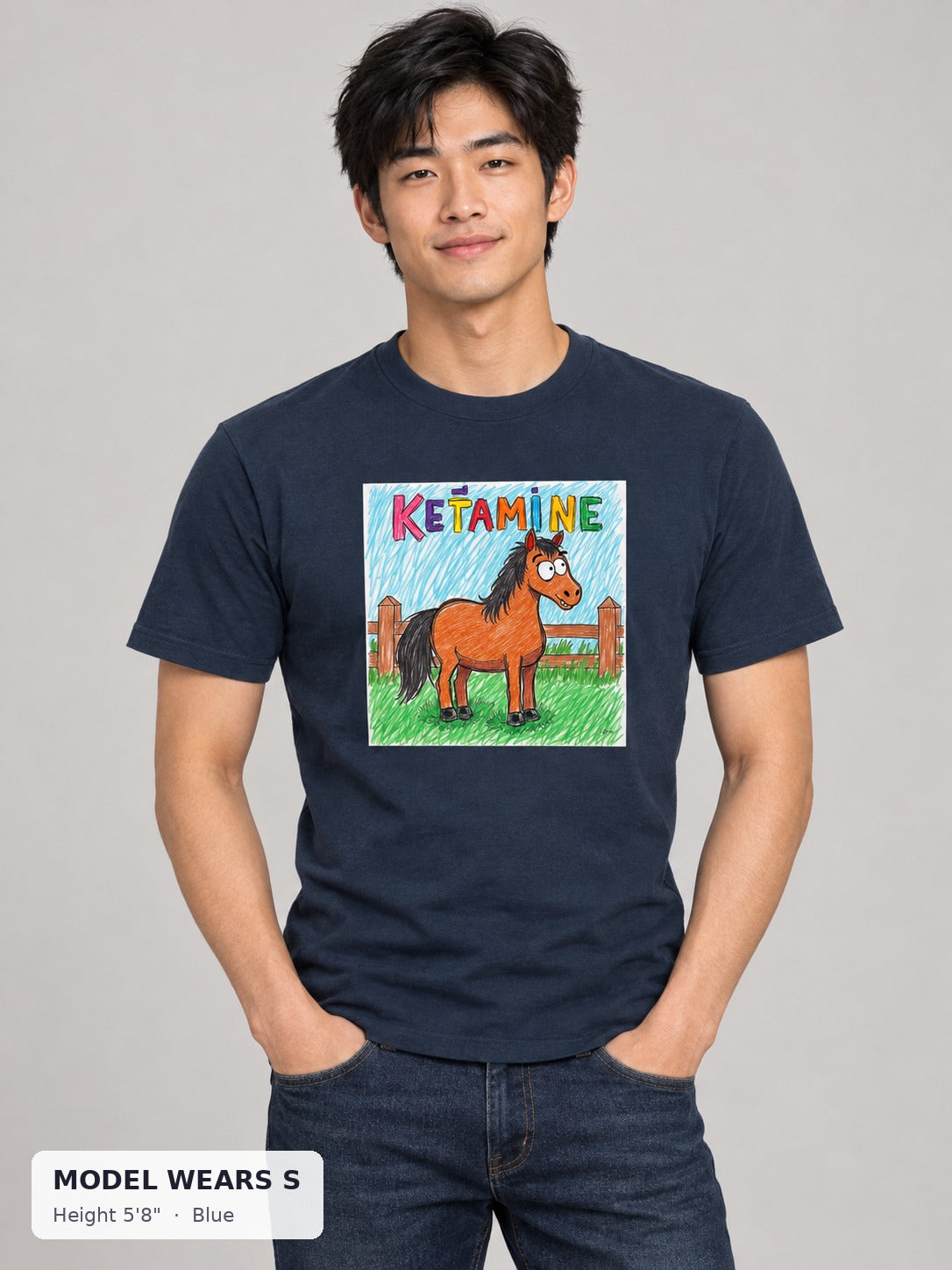 Ketamine Horse Tee in Blue on a slim model wearing size S, 5'8" - Good Trouble Fashion