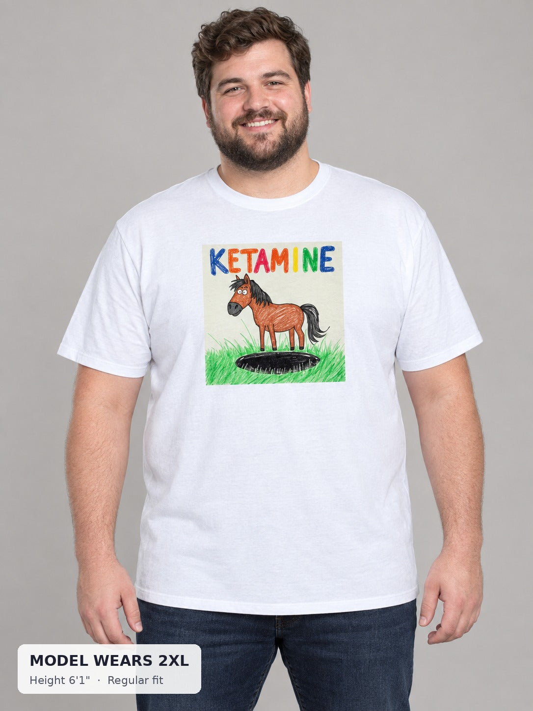 Ketamine Horse Tee on a plus-size model wearing size 2XL, 6'1" - Good Trouble Fashion