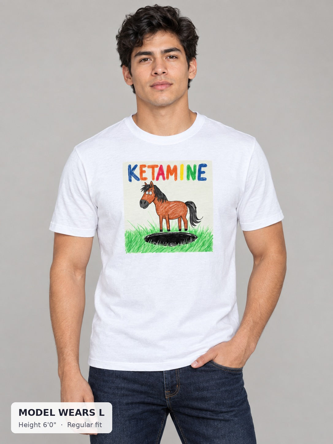 Ketamine Horse Tee on an athletic model wearing size L, 6'0" - Good Trouble Fashion