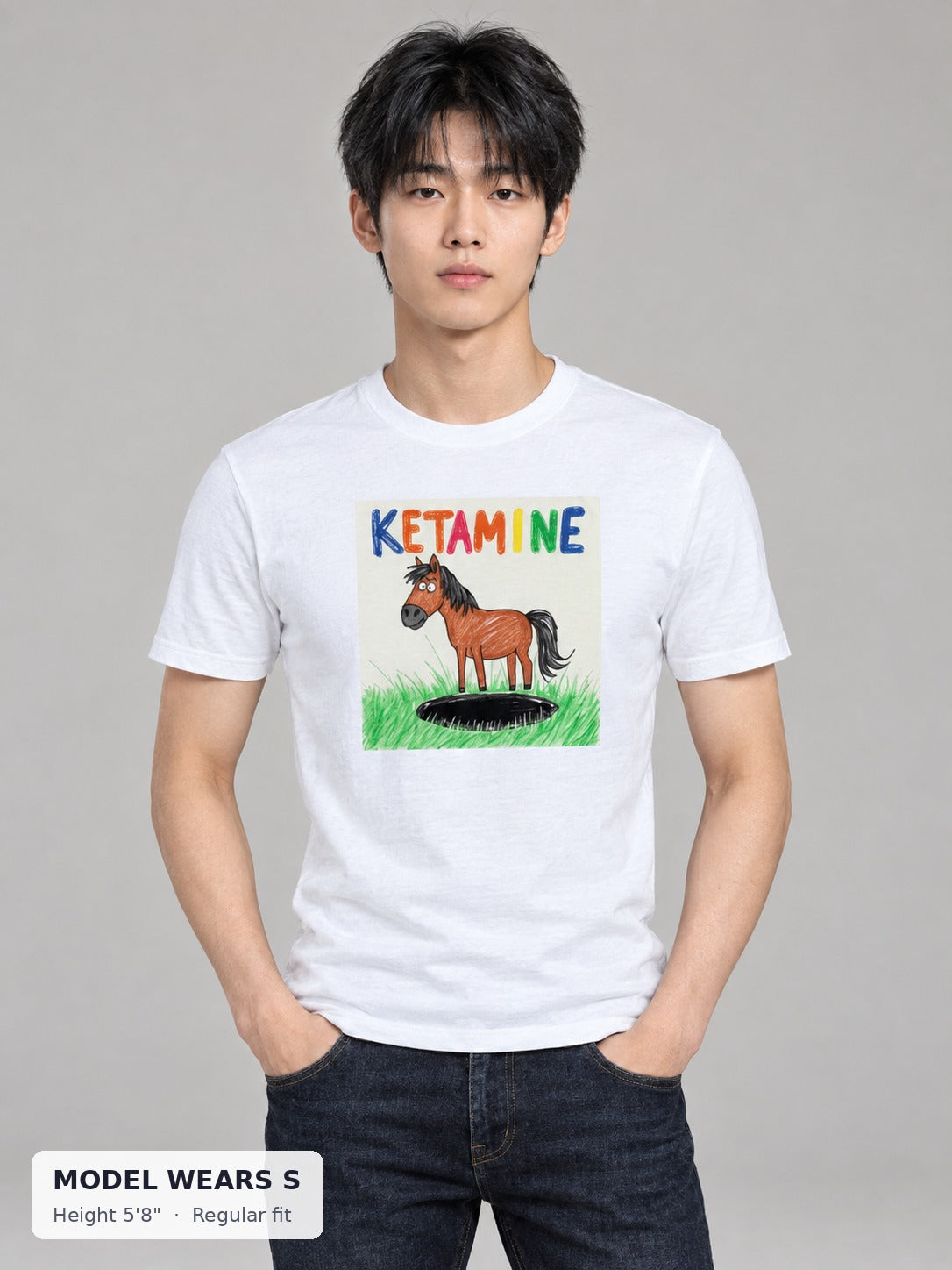 Ketamine Horse Tee on a slim model wearing size S, 5'8" - Good Trouble Fashion