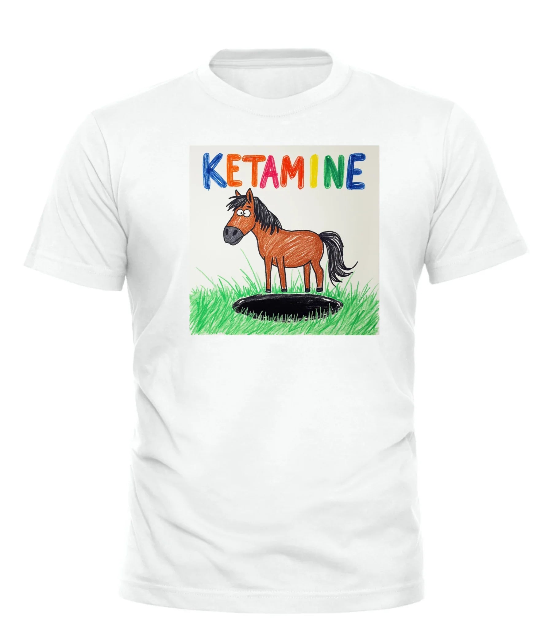 White ketamine horse t-shirt by Good Trouble Garments featuring colorful text and cartoon horse standing on grass