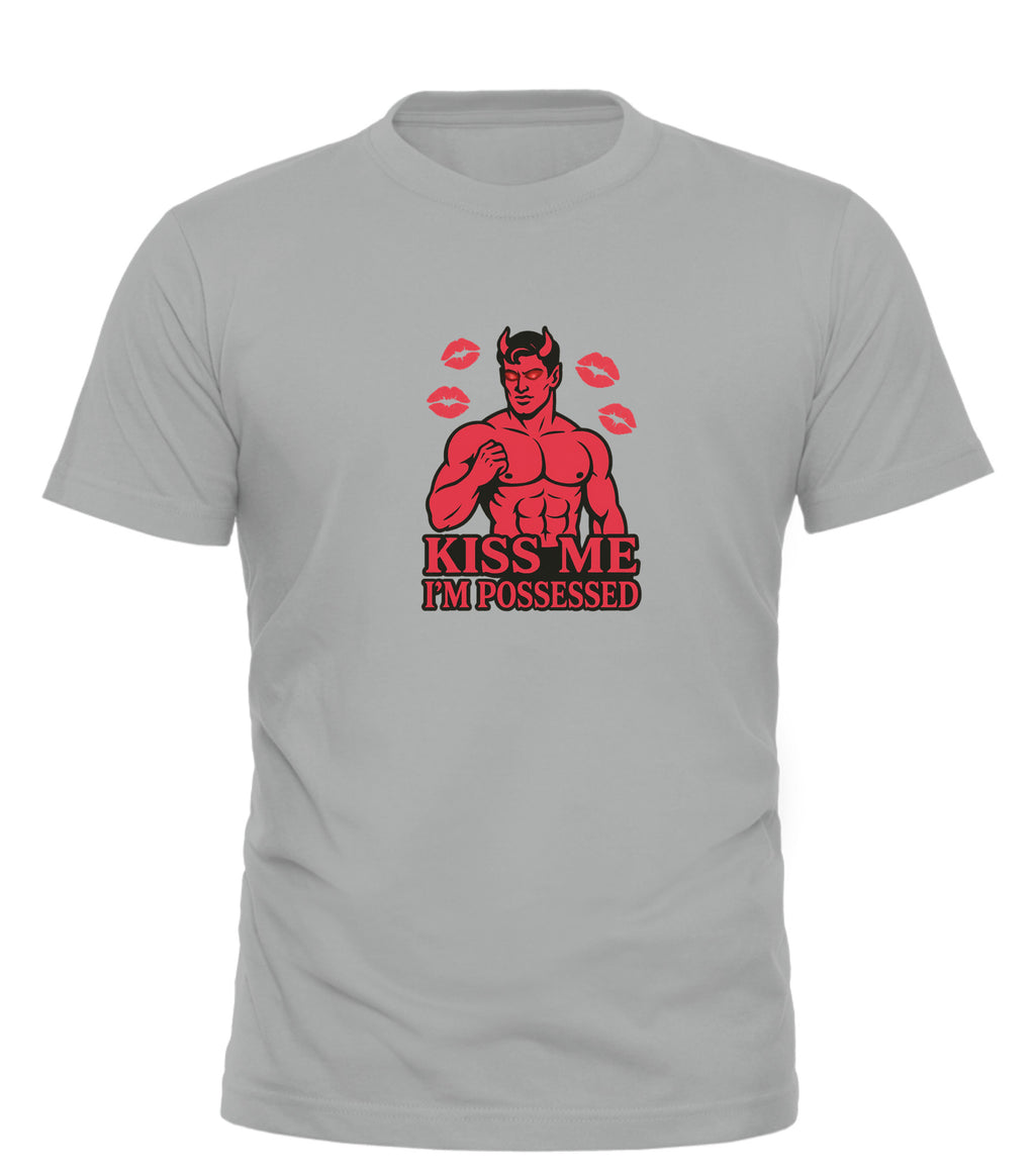 Good Trouble Garments grey kiss me I’m possessed t-shirt with red devil and lip print design