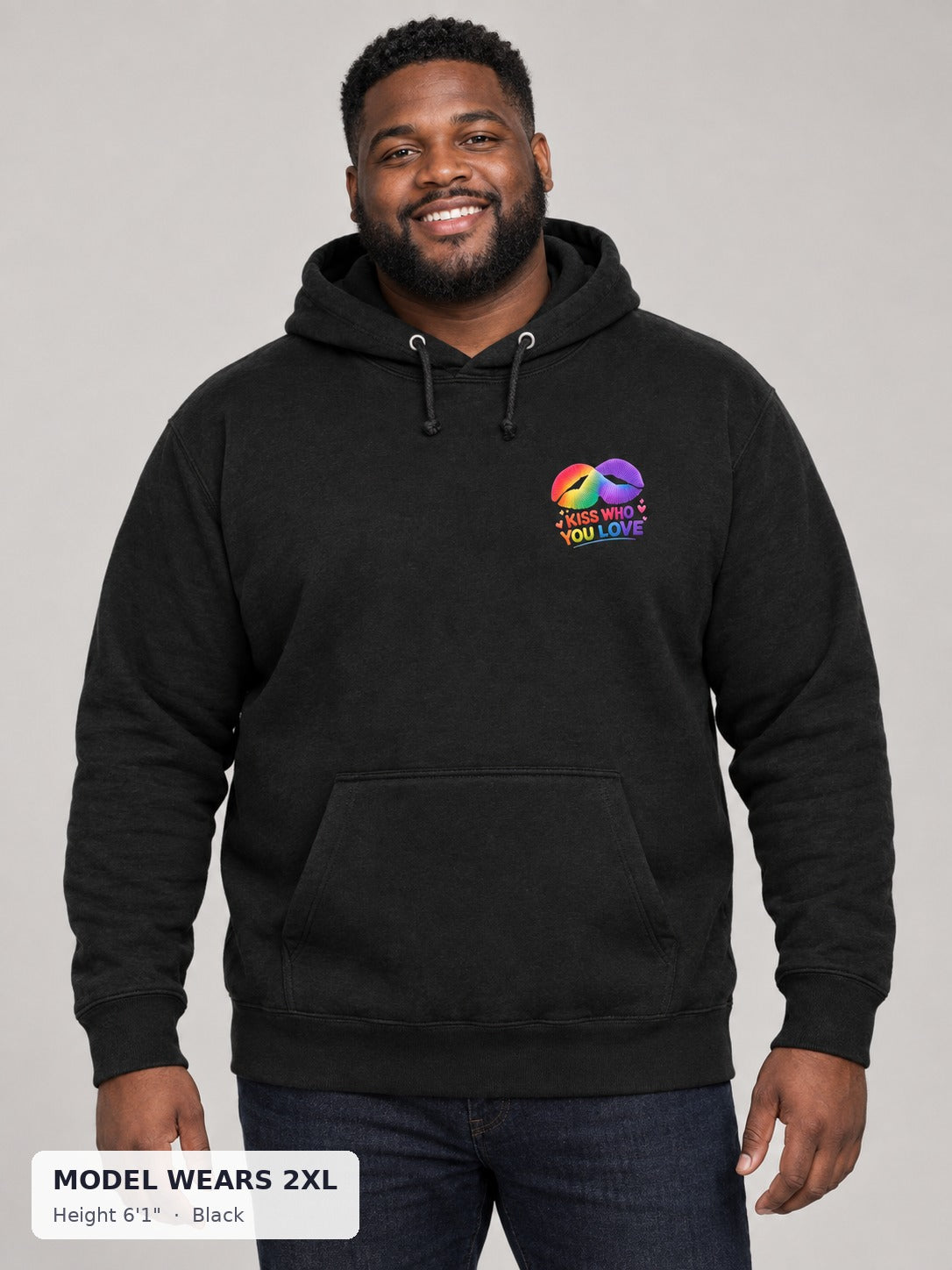 Kiss Who You Love Hoodie in Black on a plus-size model wearing size 2XL, 6'1" - Good Trouble Fashion